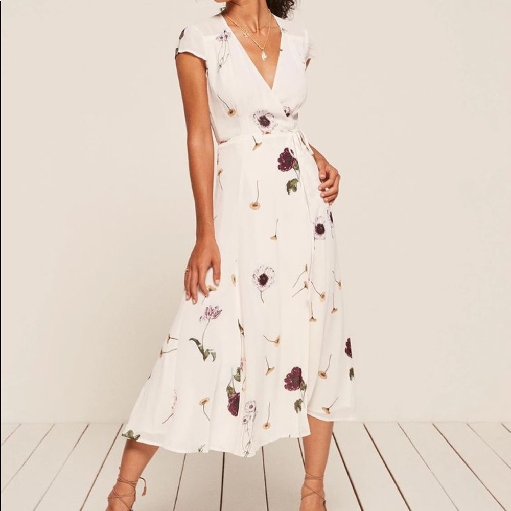 Reformation White Floral Wrap Dress, PETITE